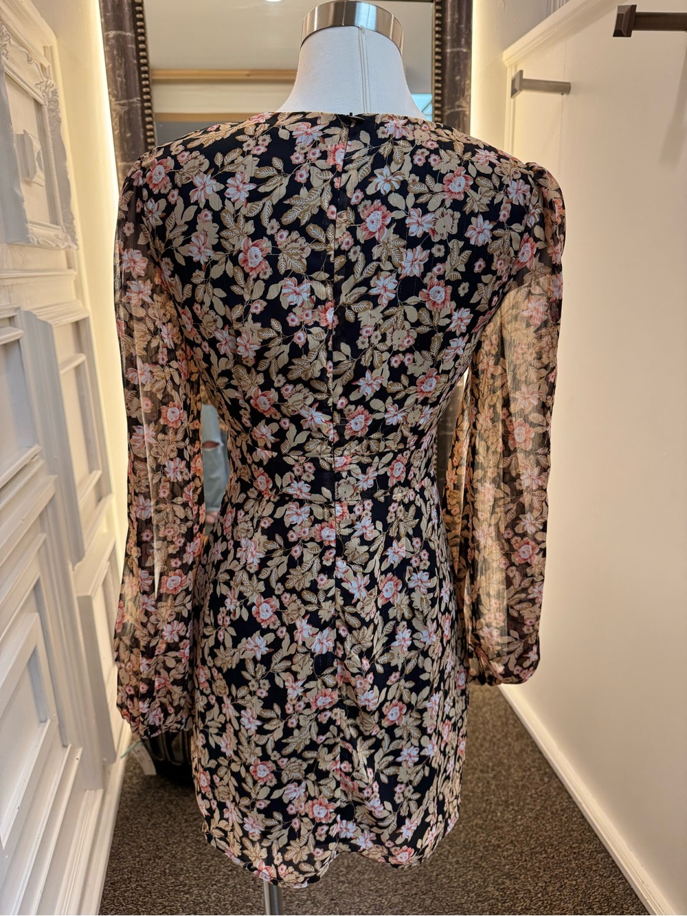 Nasty Gal Black Floral V-Neck Long Sleeve Mini Dress - Picture 3 of 4